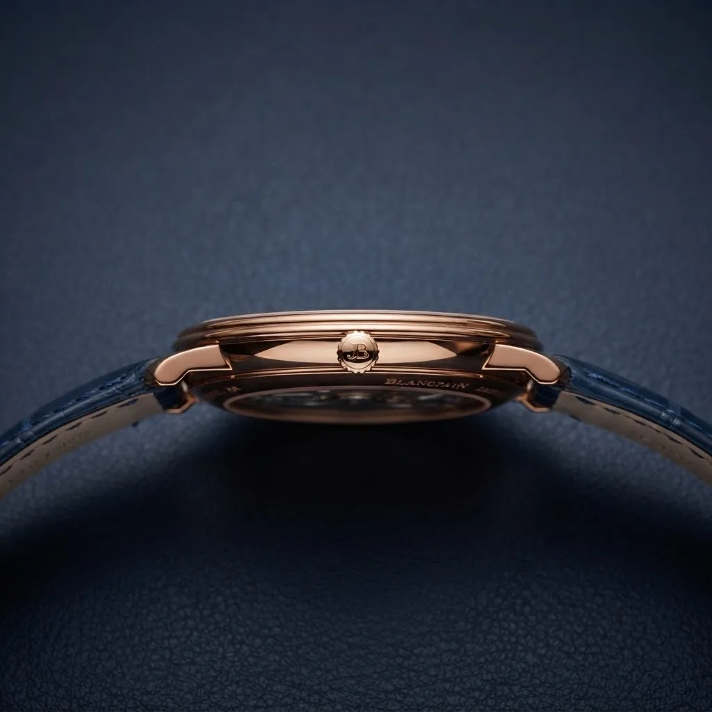 Illustrative render — reading the listing of the Blancpain Villeret Ultraplate 6651-3640-55B (18k red gold, blue dial, blue alligator strap)