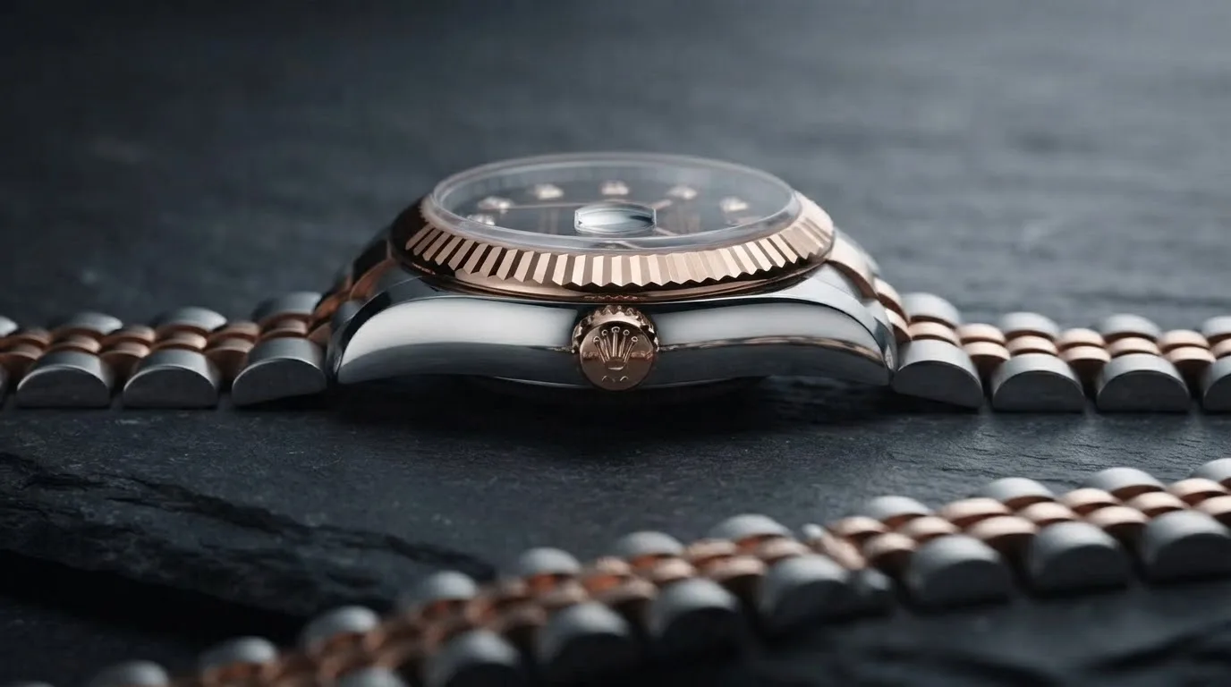 Illustrative render — reading the listing of the Rolex Lady-Datejust 26 ref. 179171G per the seller (two-tone, black diamond dial, fluted bezel, Jubilee bracelet, serviced, limited warranty, pre-owned)