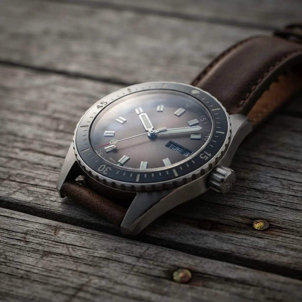 Illustrative render — reading the listing of the Blancpain Fifty Fathoms Bathyscaphe Day Date 70s (steel, gradient dial, vintage calf strap)