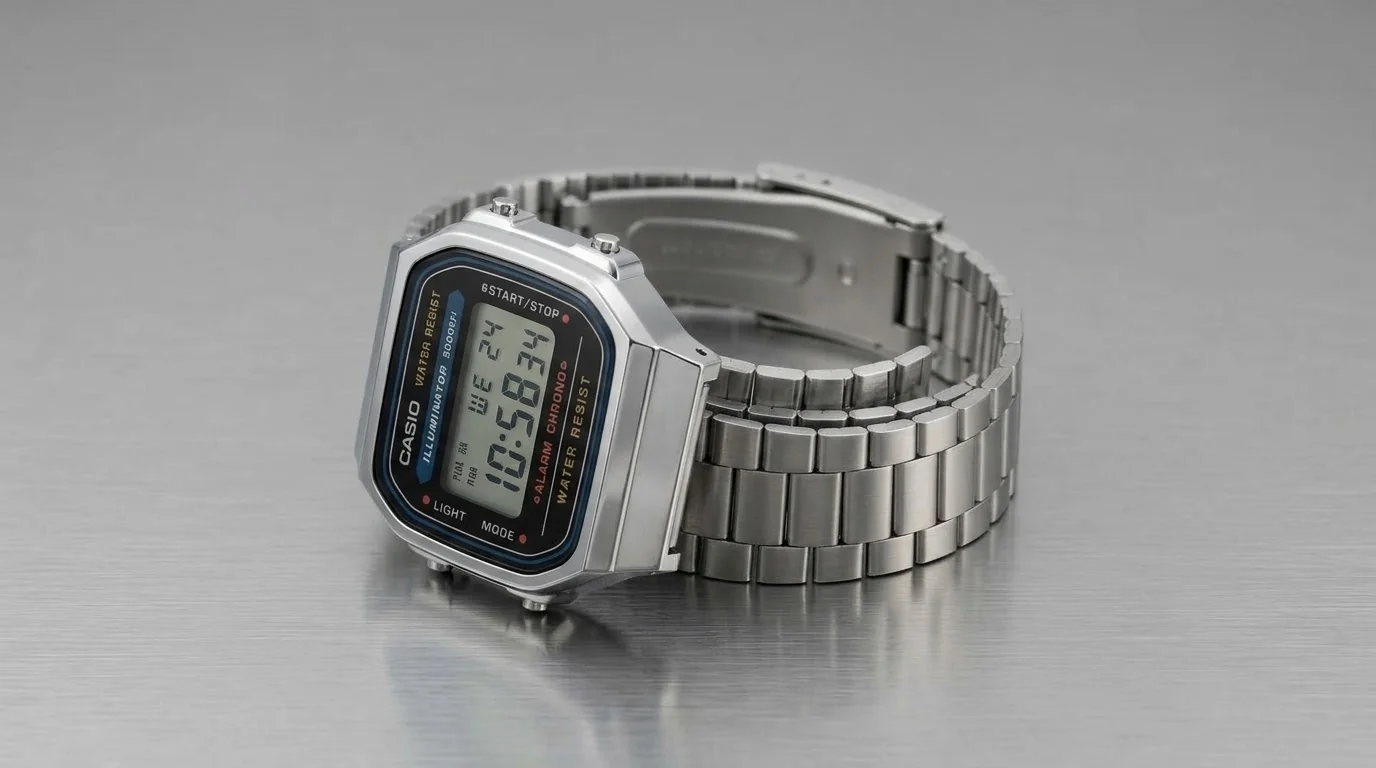 Illustrative render — steel where it counts of the Casio Vintage A168WA