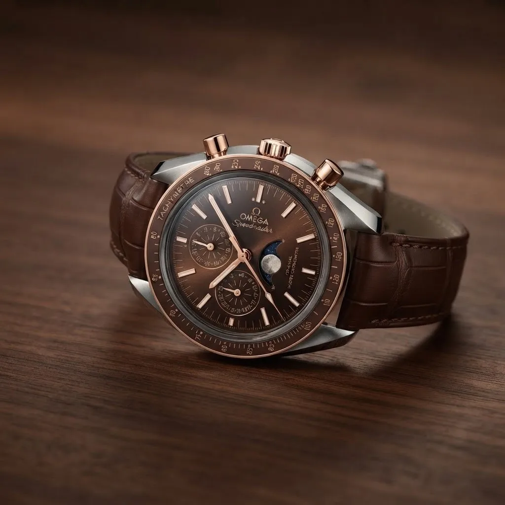 Illustrative render — reading the listing of the Omega Speedmaster Moonphase Co-Axial Master Chronometer 304.23.44.52.13.001 (steel and Sedna gold, brown dial, alligator strap)
