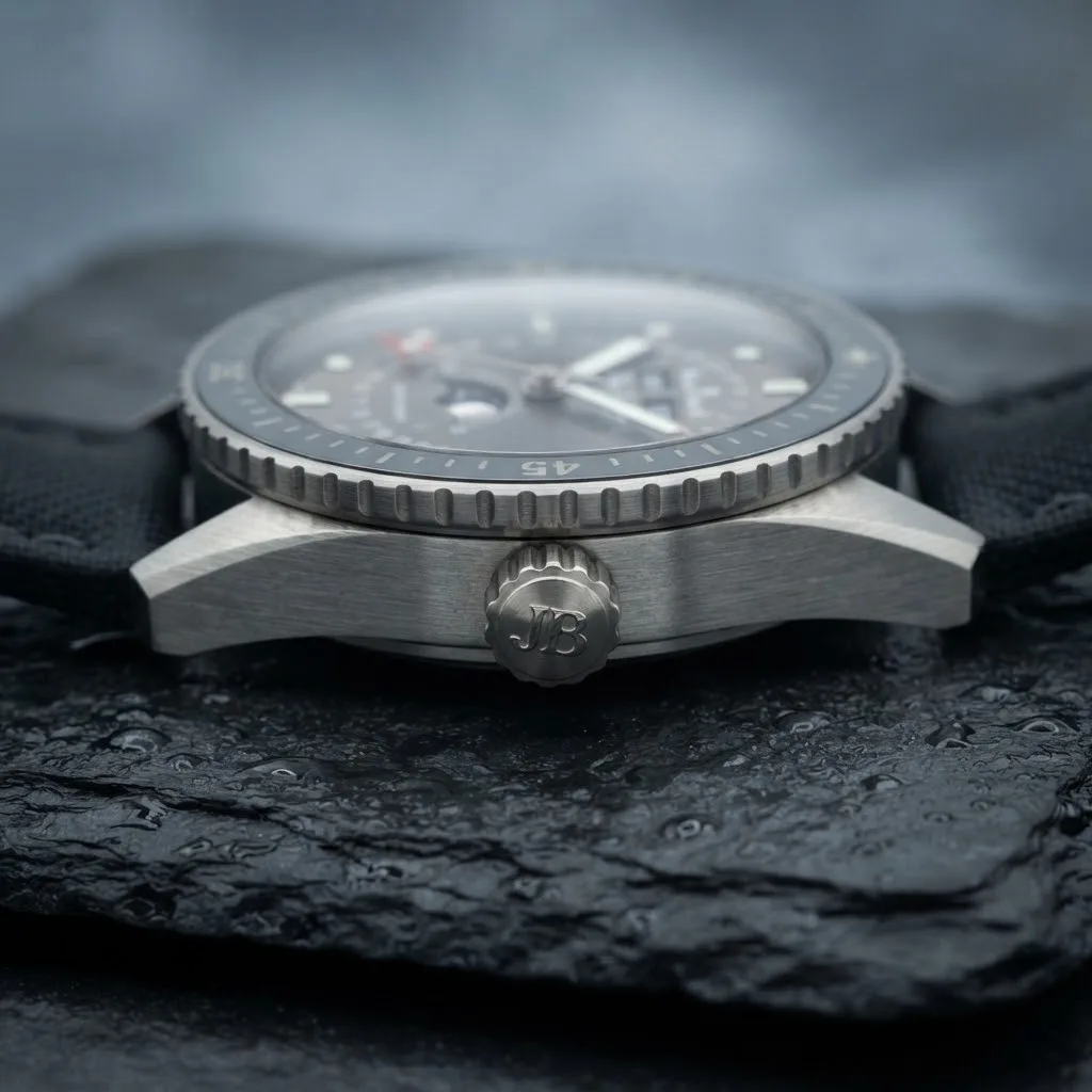 Illustrative render — reading the listing of the Blancpain Fifty Fathoms Bathyscaphe Quantieme Complet Phases de Lune 5054-1110-B52A (steel, grey dial, sail-canvas strap)