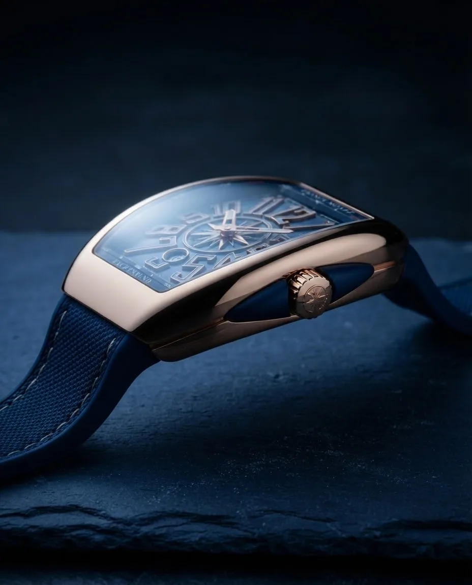 Illustrative render — reading the listing of the Franck Muller Vanguard Yachting V 45 SC DT 5N.BL (18k rose gold, blue compass dial, blue rubber strap)