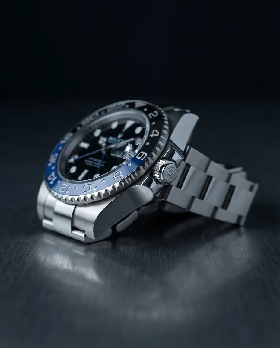 Illustrative render — which reference this is of the Rolex GMT-Master II Batman (steel, blue and black bezel, Oyster bracelet)