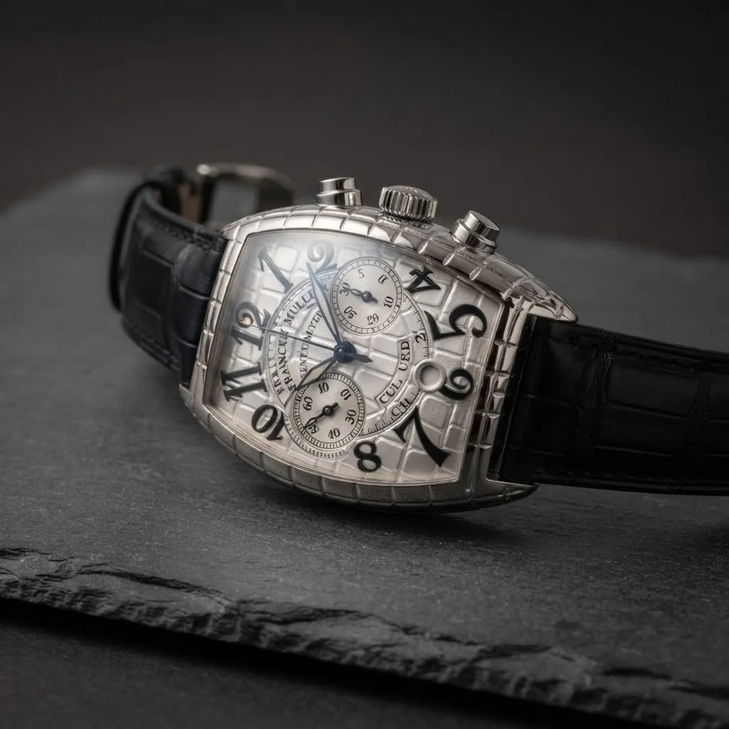 Illustrative render — reading the listing of the Franck Muller Cintree Curvex Iron Croc chronograph 7880 CC (steel, crocodile-relief case)