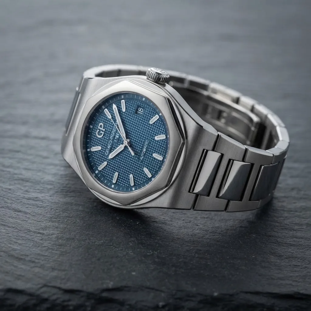 Illustrative render — reading the listing of the Girard-Perregaux Laureato 42 81010-11-431-11A (steel, blue Clous de Paris dial, bracelet)