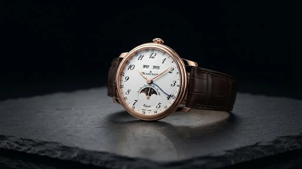 Illustrative render — what eight days buys you of the Blancpain Villeret Quantième Complet 8 Jours (red gold, enamel dial)