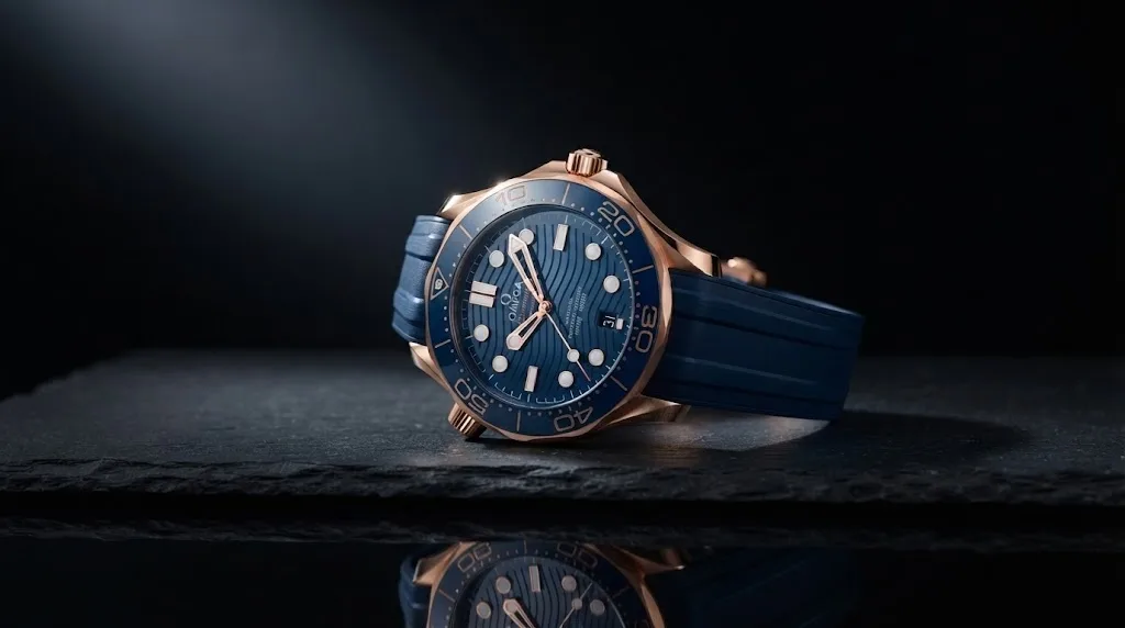 Illustrative render — sedna gold on rubber of the Omega Seamaster Diver 300M 42mm (Sedna gold, rubber)