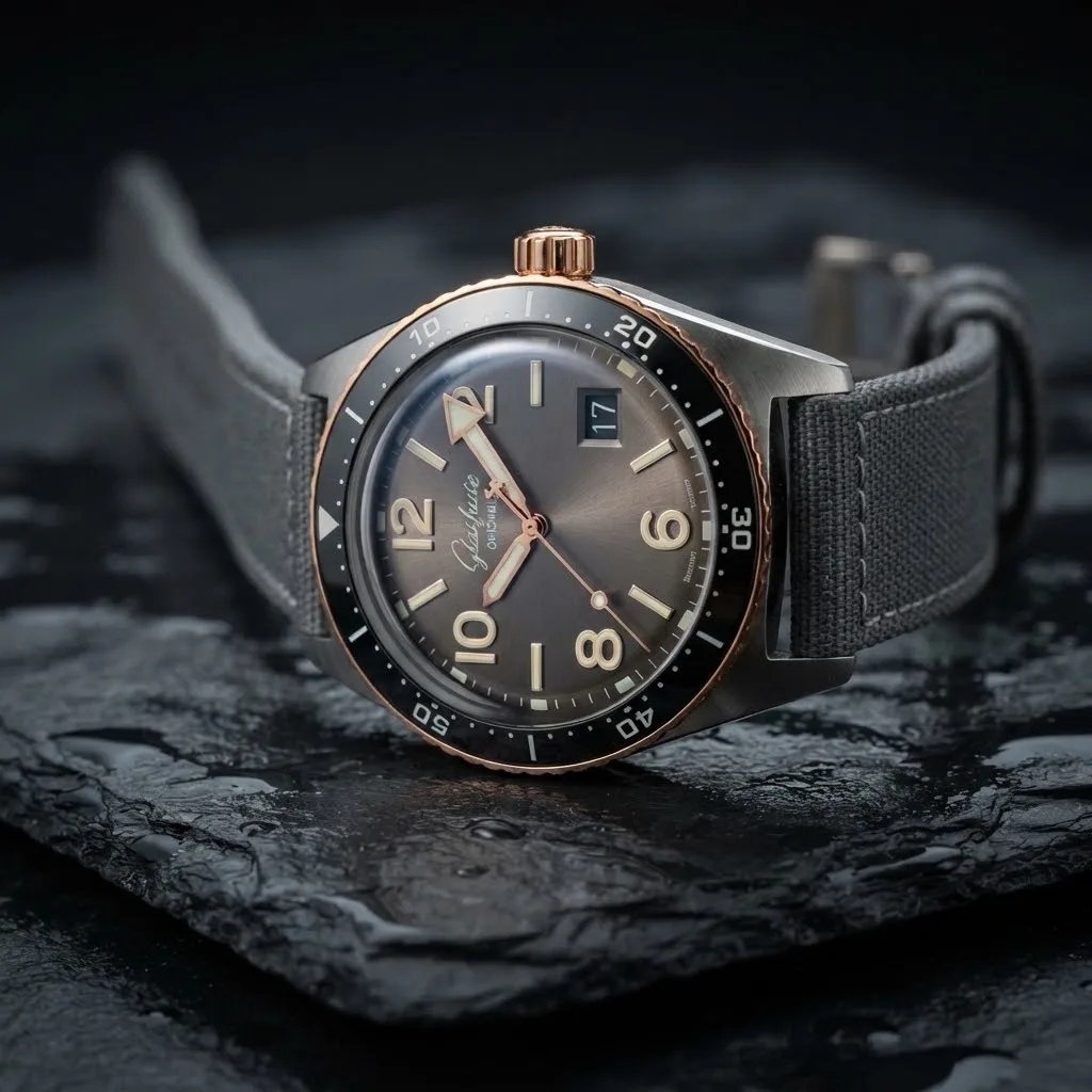 Illustrative render — reading the listing of the Glashütte Original SeaQ Panorama Date 1-36-13-04-91-34 (steel and red gold, grey dial, nylon strap)