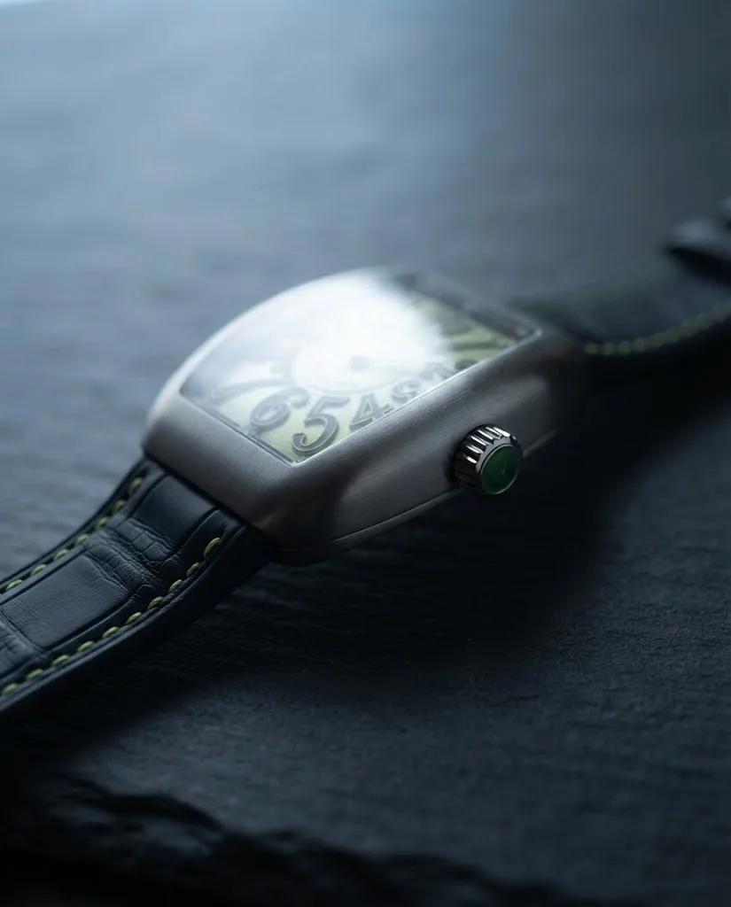 Illustrative render — reading the listing of the Franck Muller Vanguard Crazy Hours V 45 CH BR (green) (brushed steel, green numerals, black alligator strap with green stitching)