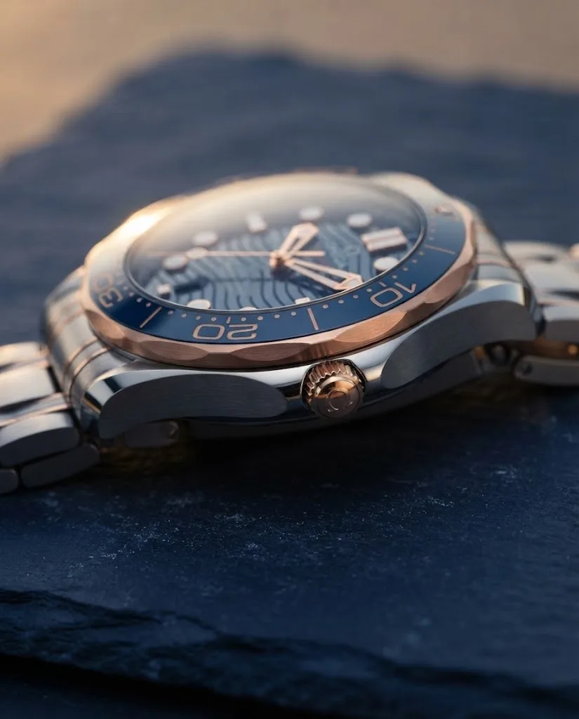 Illustrative render — reading the listing of the Omega Seamaster Diver 300M Co-Axial Master Chronometer 42mm 210.20.42.20.03.002 (steel and Sedna gold, blue dial, bracelet)