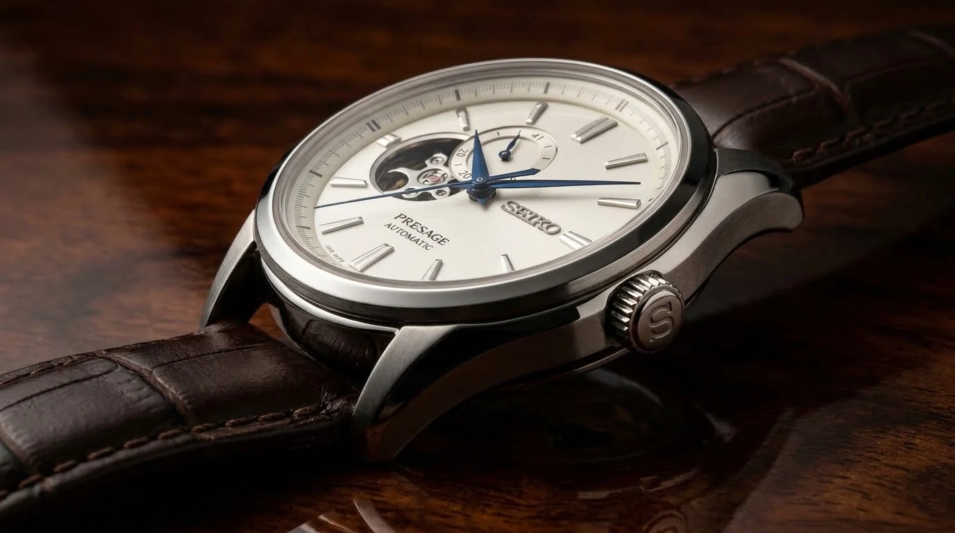 Illustrative render — a 4r automatic of the Seiko Presage SSA425 Open Heart