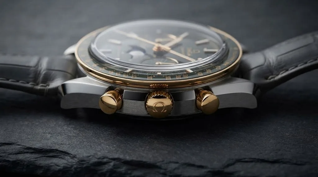 Illustrative render — reading the listing of the Omega Speedmaster Moonphase Co-Axial Master Chronometer Chronograph 44.25mm 304.23.44.52.06.001 (steel and yellow gold, grey dial, grey alligator strap)