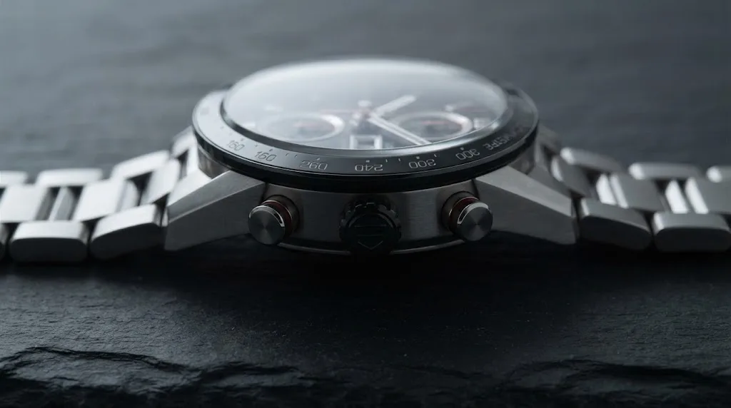 Illustrative render — reading the listing of the TAG Heuer Carrera Chronograph 44mm CBN2A1AA.BA0643 (steel, black dial, ceramic bezel, day-date, steel bracelet, Calibre 16)
