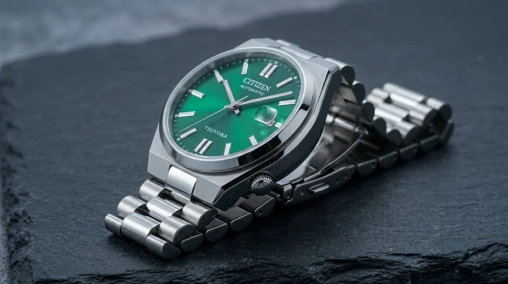 Illustrative render — integrated by design of the Citizen Tsuyosa Automatic (Green Dial)