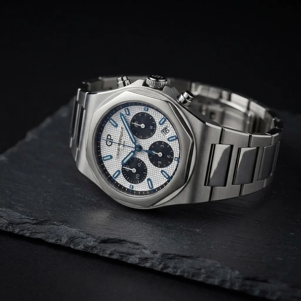 Illustrative render — reading the listing of the Girard-Perregaux Laureato Chronograph 42 81020-11-131-11A (steel, silver dial with black counters, bracelet)