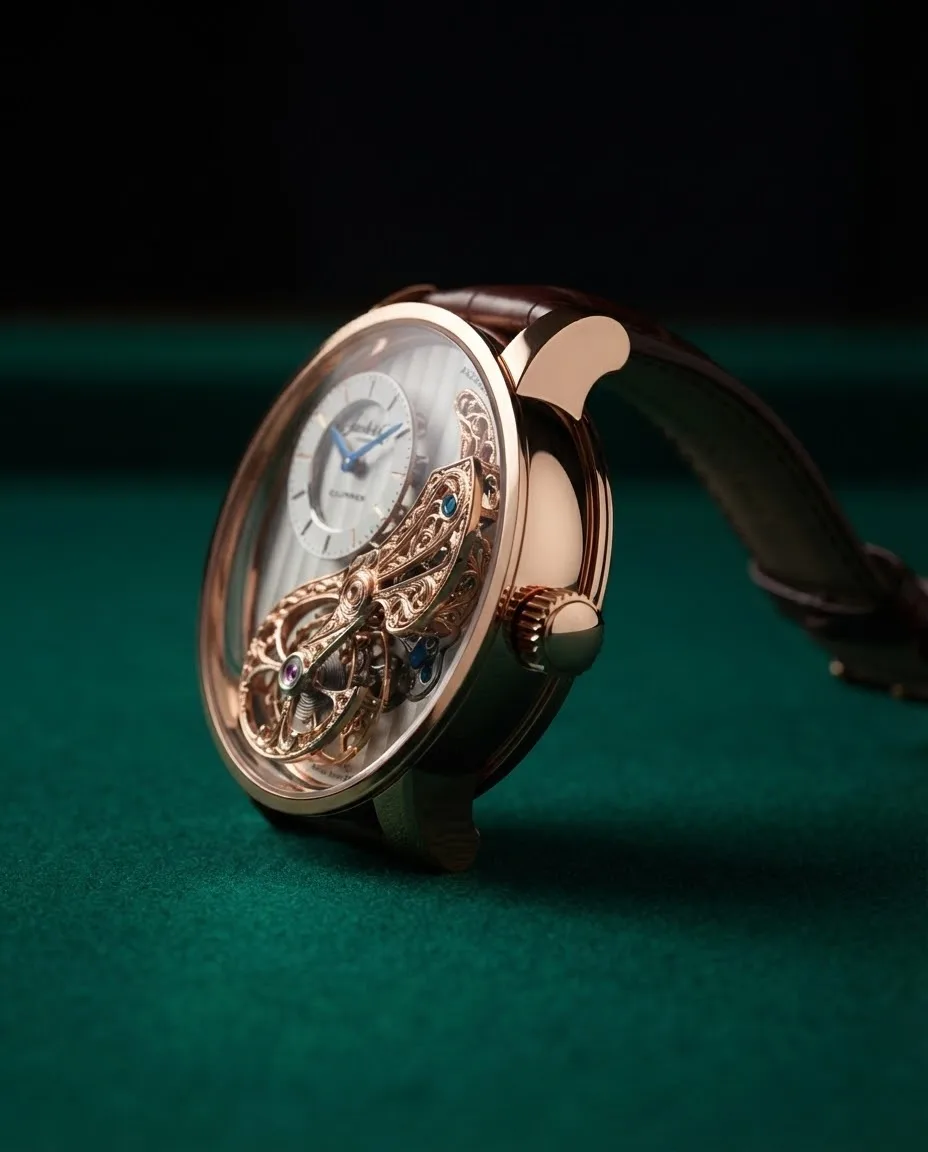 Illustrative render — reading the listing of the Glashutte Original PanoMaticInverse 91-02-01-05-30 (18k red gold, pre-owned)
