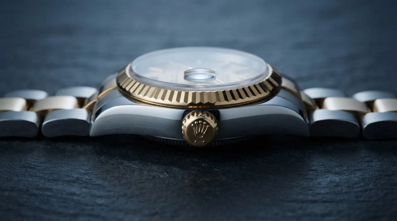 Illustrative render — reading the listing of the Rolex Lady-Datejust 26 ref. 69173 (steel and 18k yellow gold, champagne tapestry dial, fluted bezel, Oyster bracelet, pre-owned)