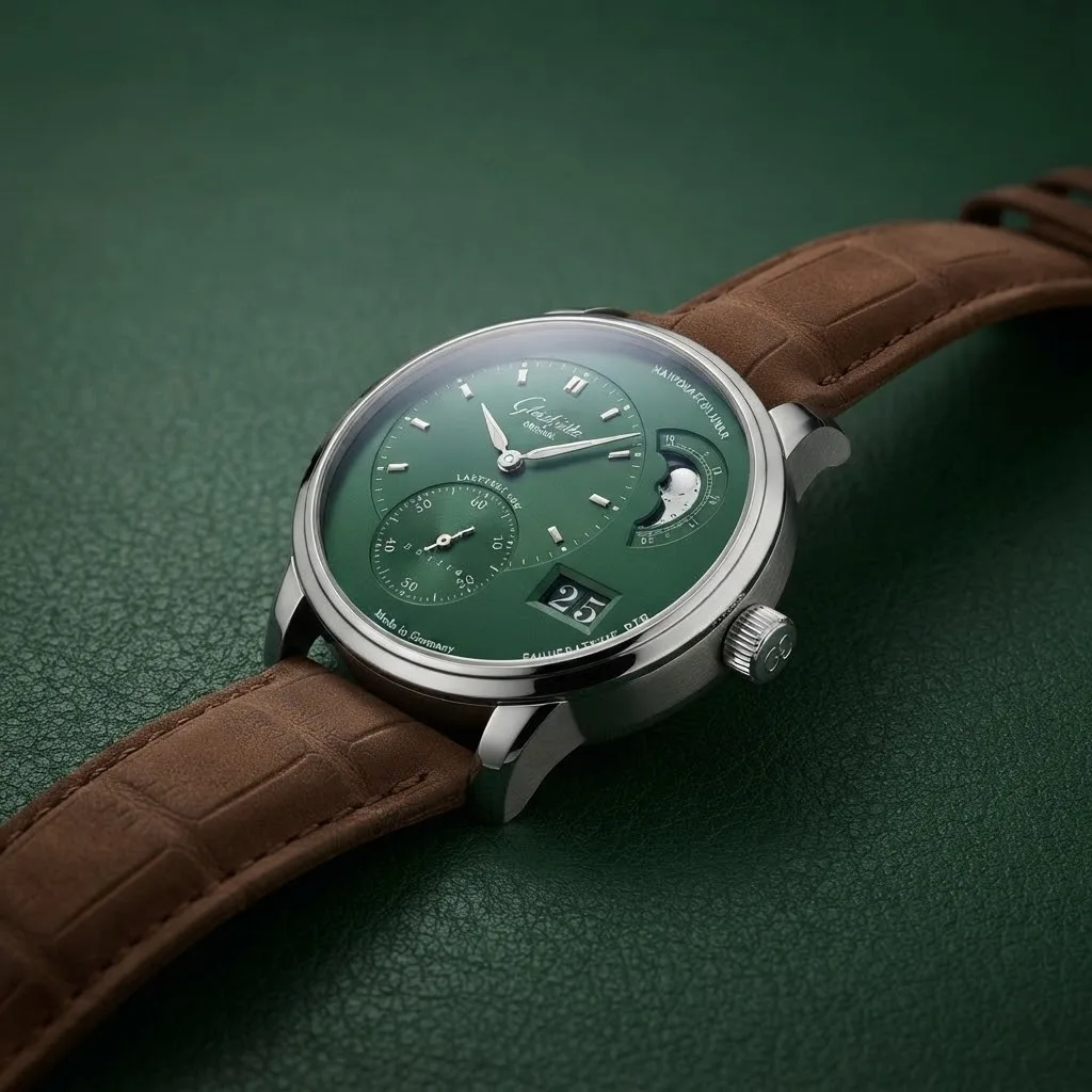 Illustrative render — reading the listing of the Glashütte Original PanoMaticLunar 1-90-02-13-32-31 (steel, forest green dial, nubuck alligator strap)