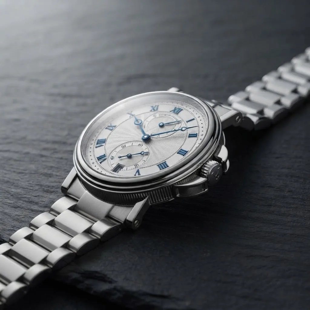 Illustrative render — reading the listing of the Breguet Marine Dual Time 5857ST/12/SZ0 (steel, silvered guilloche dial, bracelet)