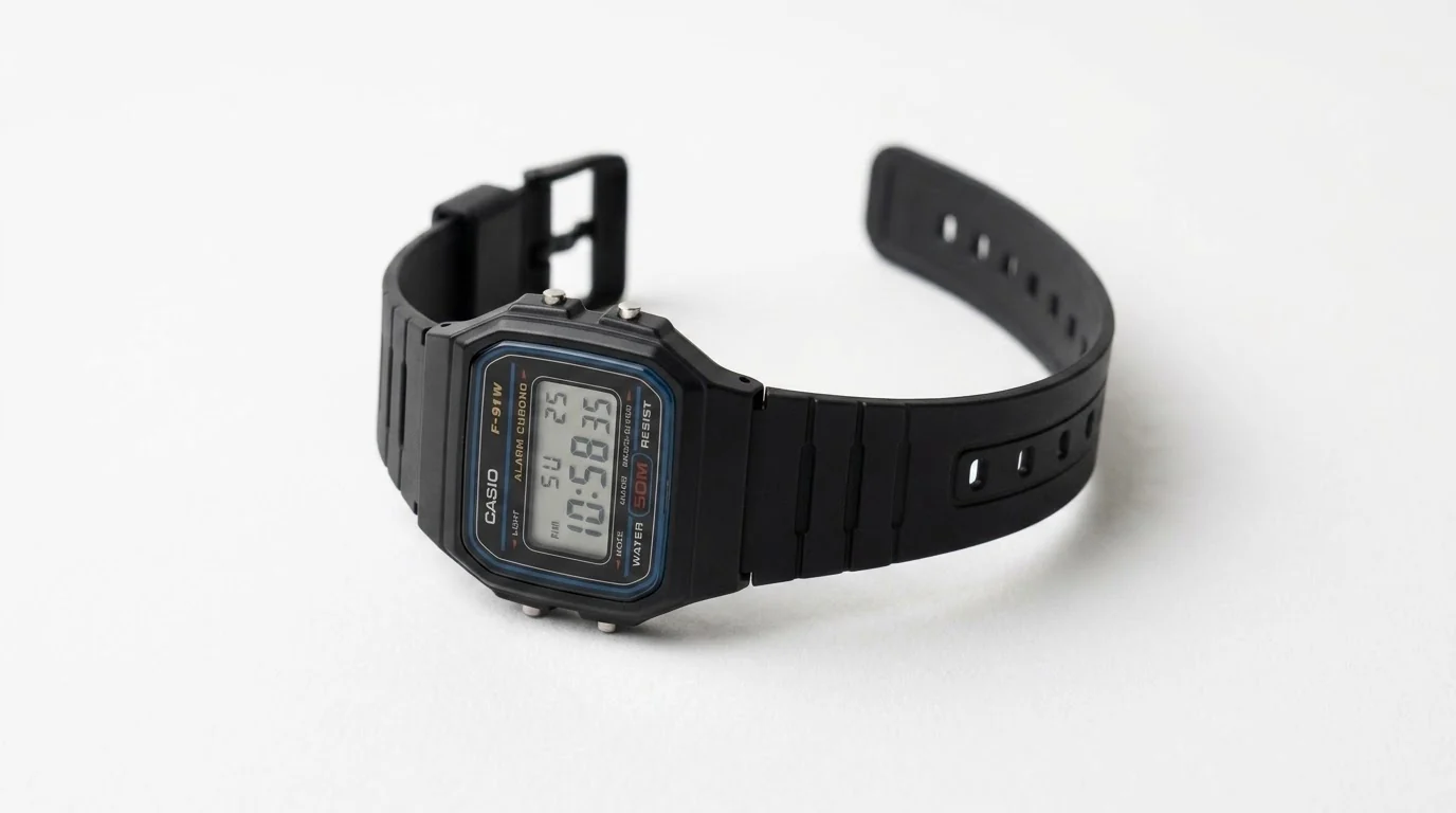 Illustrative render — resin and acrylic of the Casio F-91W