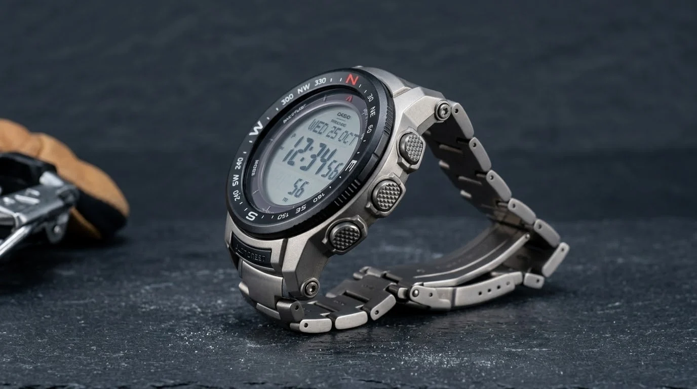 Illustrative render — titanium, and 128 grams of the Casio Pro Trek PRW3500T-7