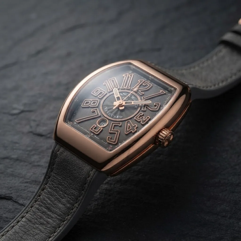 Illustrative render — reading the listing of the Franck Muller Vanguard V 45 SC DT 5N TT (18k rose gold with titanium trim, grey dial, grey strap)