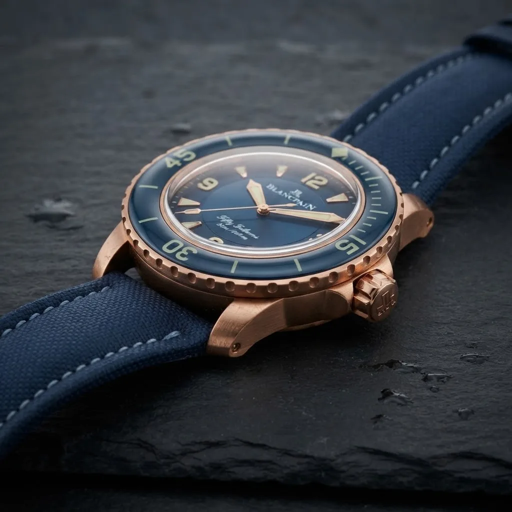 Illustrative render — reading the listing of the Blancpain Fifty Fathoms Automatique 5015-3603C-63B (18k red gold, blue dial, blue sail-canvas strap)