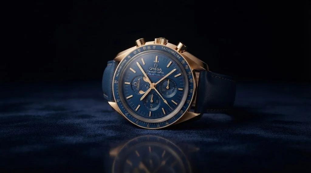 Illustrative render — gold, blue and the metal question of the Omega Speedmaster Apollo XVII 45th Anniversary