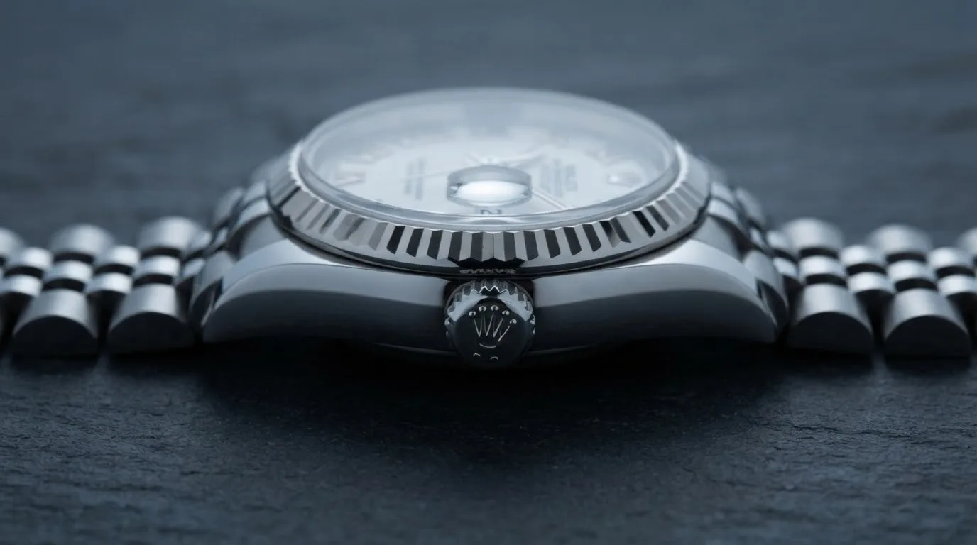 Illustrative render — reading the listing of the Rolex Lady-Datejust 26 ref. 79174 (steel, white gold fluted bezel, white Roman dial, Jubilee bracelet, box and papers, pre-owned)