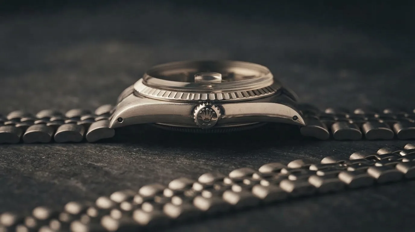 Illustrative render — reading the listing of the Rolex Datejust 36 ref. 1601 (vintage steel, black dial, engine-turned bezel per the photograph, Jubilee bracelet, box, pre-owned)