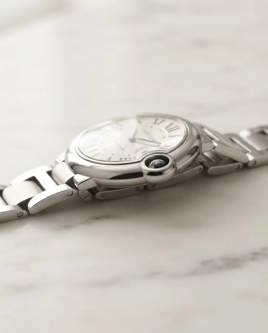 Illustrative render — reading the listing of the Cartier Ballon Bleu de Cartier 33mm automatic (steel, silver dial, steel bracelet)