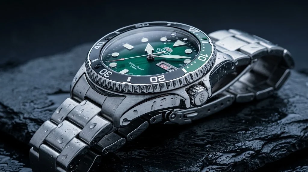 Illustrative render — no crown guards of the Orient Mako 40 Green