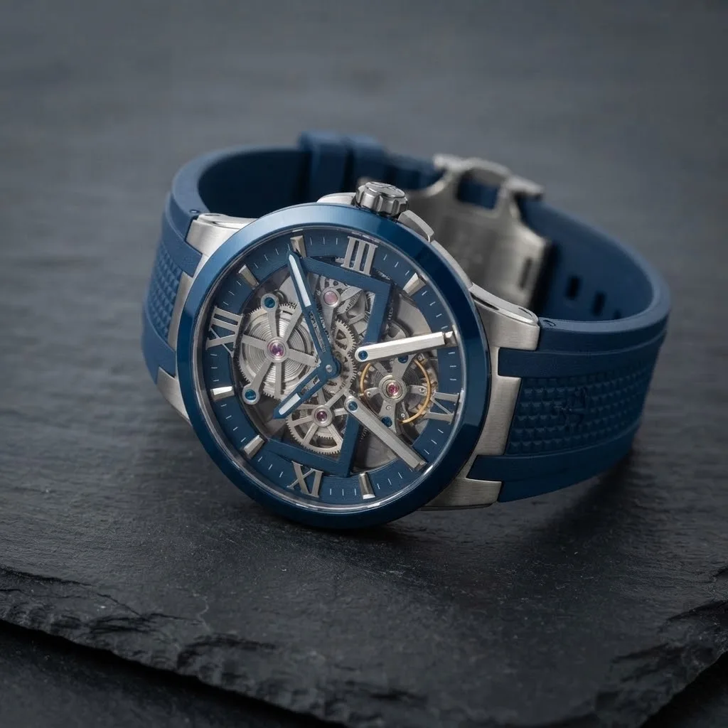 Illustrative render — reading the listing of the Ulysse Nardin Executive Skeleton X 3713-260-3/03 (titanium, blue bezel, blue rubber strap)