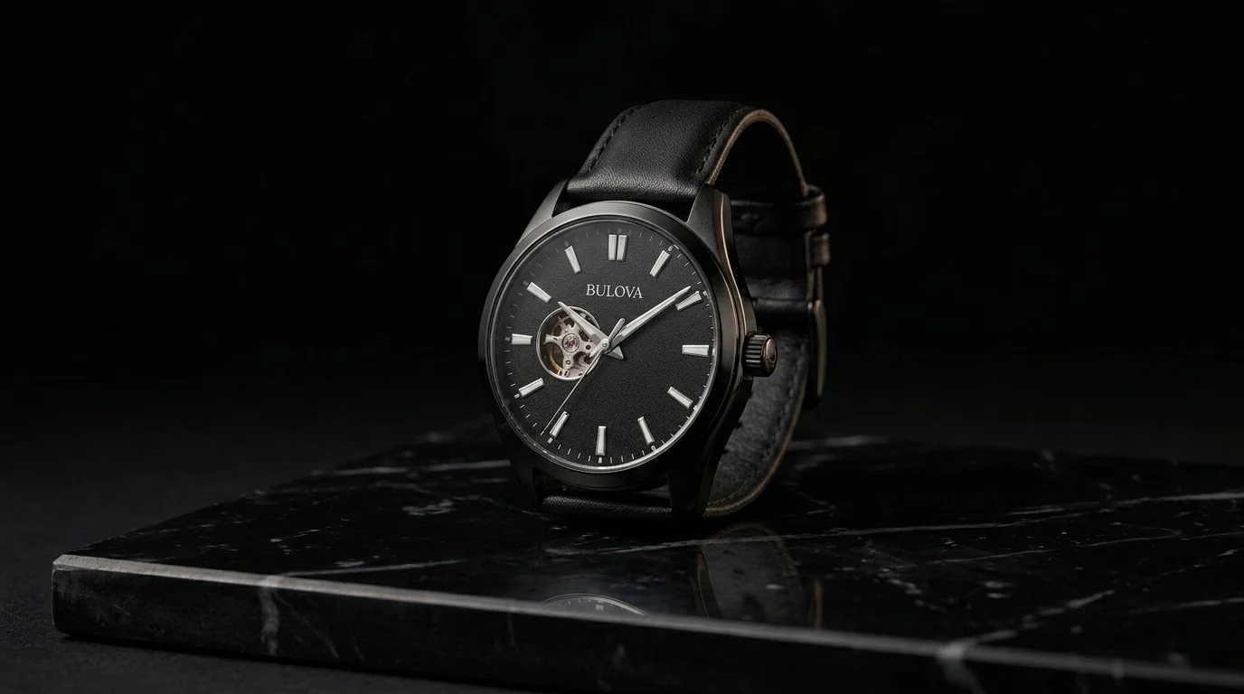 Illustrative render — black on black of the Bulova Classic Automatic 98A139