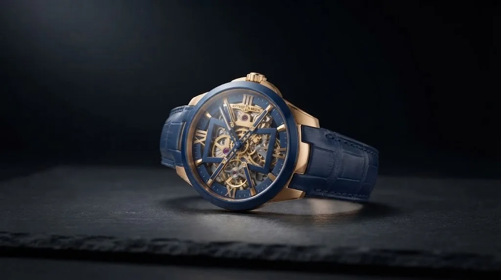 Illustrative render — rose gold and blue of the Ulysse Nardin Executive Skeleton X 42mm (18k rose gold, blue)