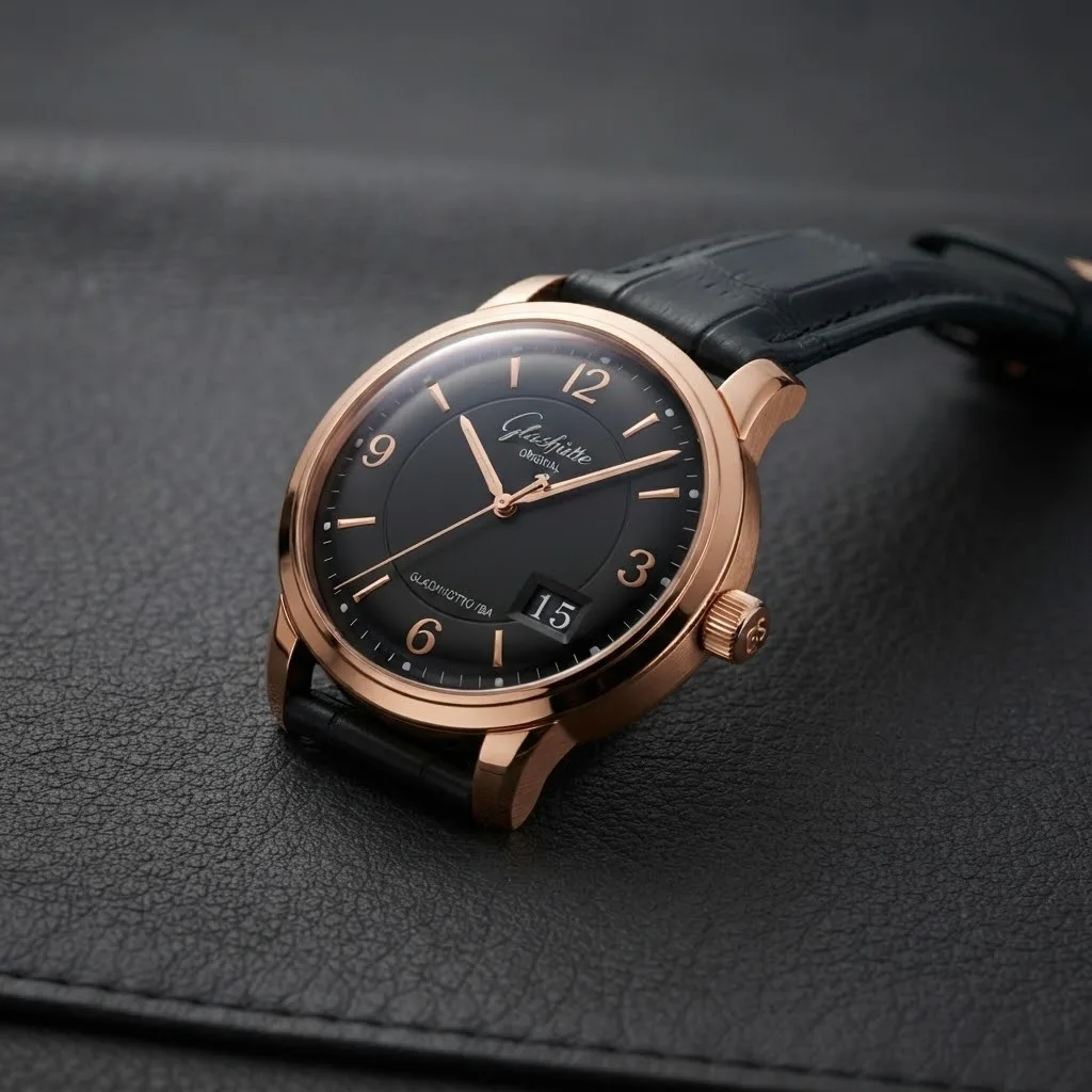 Illustrative render — reading the listing of the Glashütte Original PanoMaticCentral XL (18k rose gold, black dial, alligator strap)
