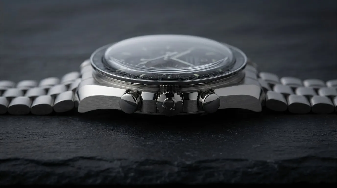 Illustrative render — reading the listing of the Omega Speedmaster Moonwatch Professional Co-Axial Master Chronometer 42mm 310.30.42.50.01.002 (sapphire, steel bracelet)