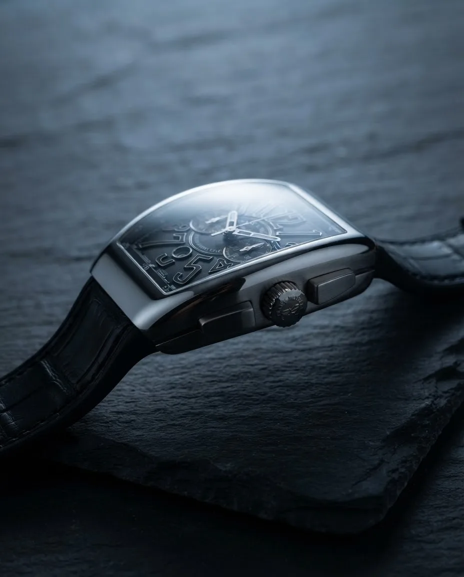 Illustrative render — reading the listing of the Franck Muller Vanguard V 45 CC DT AC BR.NR chronograph (polished steel, black guilloche dial, black leather-top rubber strap)