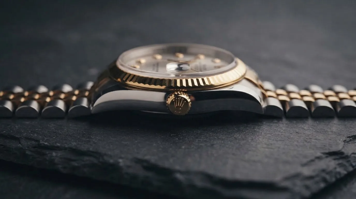Illustrative render — reading the listing of the Rolex Datejust 36 (steel and 18k yellow gold, silver dial with diamond markers, fluted bezel, Jubilee bracelet, dated warranty card, pre-owned)