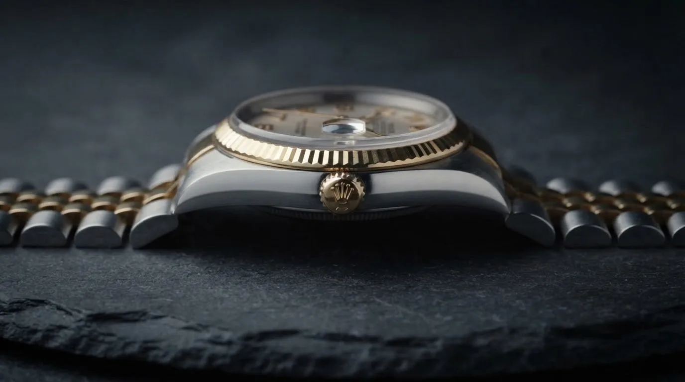 Illustrative render — reading the listing of the Rolex Datejust 36 ref. 16233 (steel and 18k yellow gold, ivory Jubilee-pattern dial with Arabic numerals, fluted bezel, Jubilee bracelet, pre-owned)