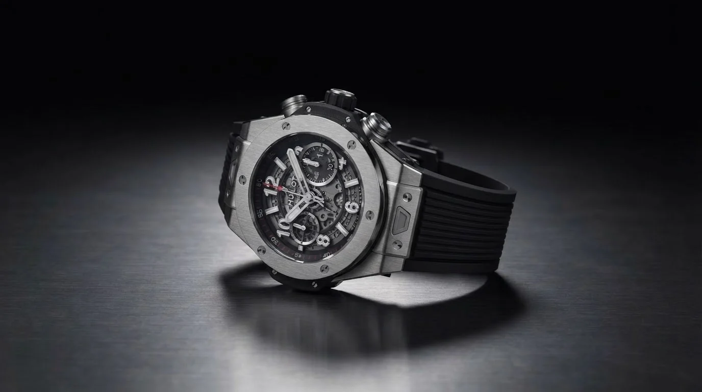 Illustrative render — titanium, rubber, one click of the Hublot Big Bang Unico Titanium 42