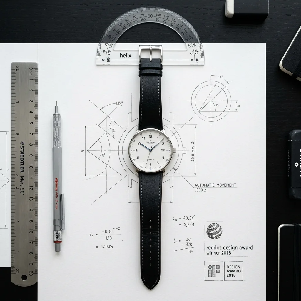 Junghans Form A 27/4731.00 with design drafting tools representing Red Dot and iF Design Awards