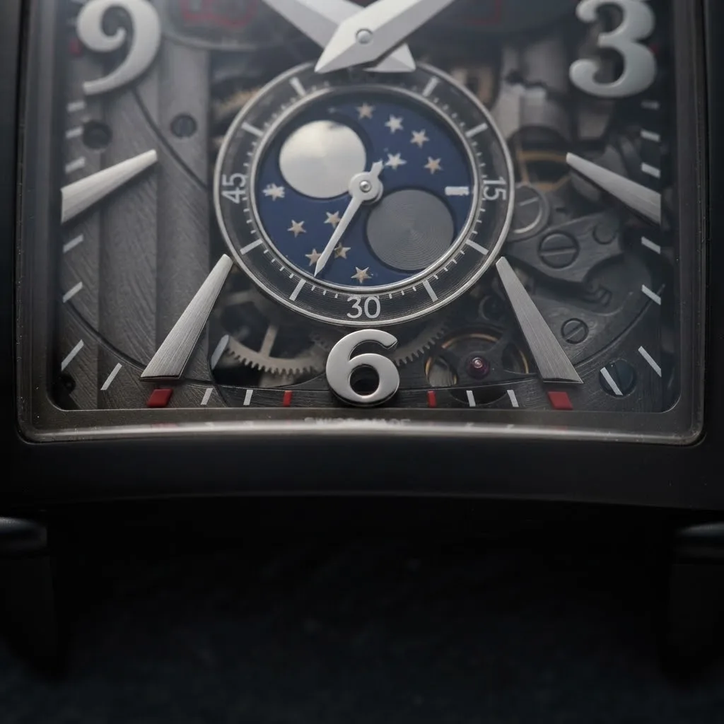 Illustrative render — dlc, and what it does to the watch of the Girard-Perregaux Vintage 1945 XXL Large Date Moon Phases skeleton 25882-21-223-BF6A (black DLC steel, smoked openworked dial, alligator strap)