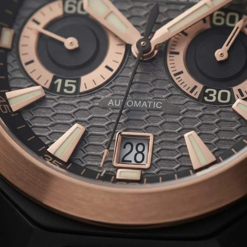 Illustrative render — the hawk case of the Girard-Perregaux Chrono Hawk Hollywoodland 49970-34-232-BB6A (black DLC titanium, rose gold bezel, grey honeycomb dial)