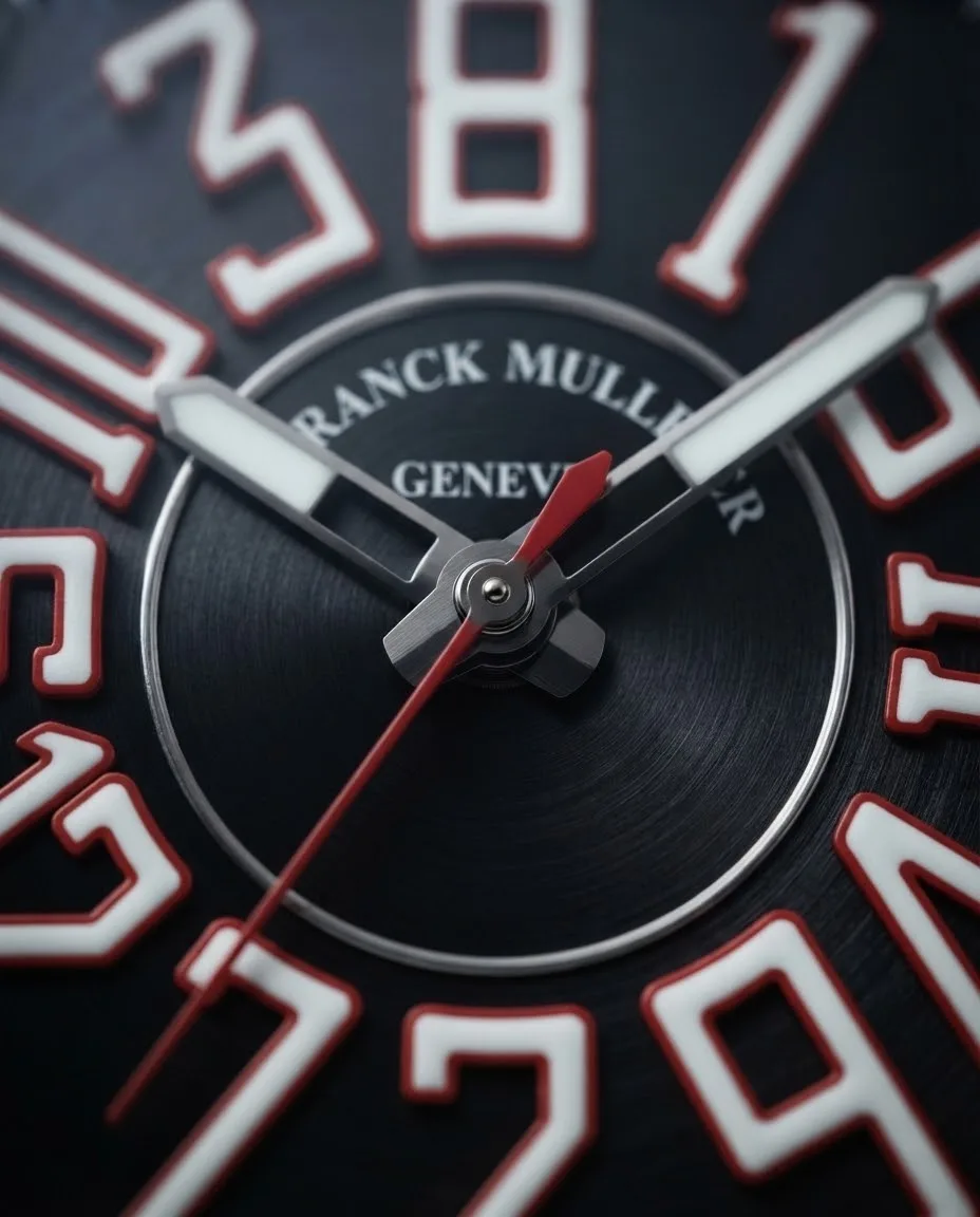 Illustrative render — how a jumping hour hand works of the Franck Muller Vanguard Crazy Hours V 45 CH TT (black dial, white numerals outlined in red, black alligator-grain leather-insert strap)
