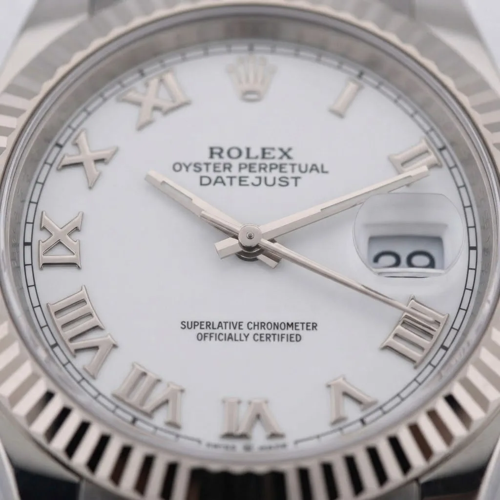 Illustrative render — why 41, and why the fluted bezel is gold of the Rolex Datejust 41 (steel, white gold fluted bezel, white Roman dial)