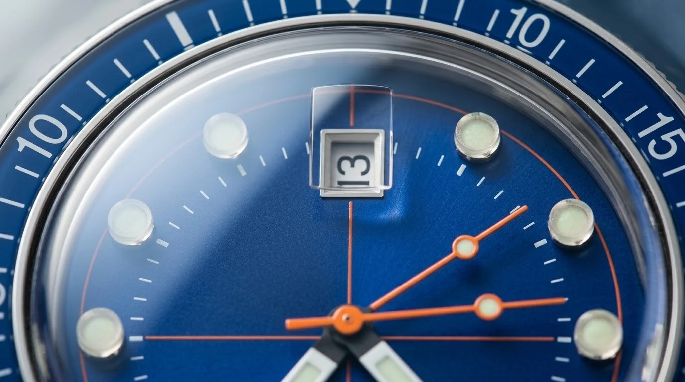 Illustrative render — a box crystal in sapphire of the Bulova Devil Diver Oceanographer 96B350