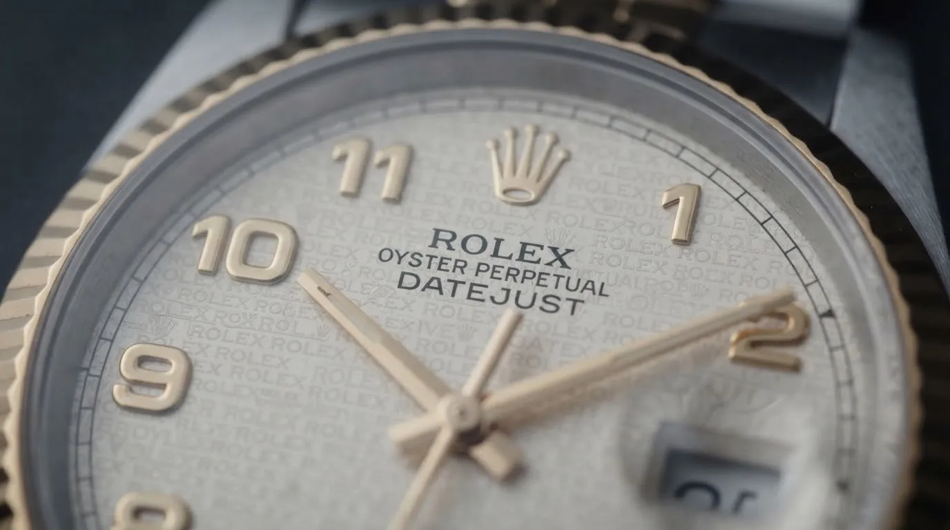Illustrative render — the computer dial of the Rolex Datejust 36 ref. 16233 (steel and 18k yellow gold, ivory Jubilee-pattern dial with Arabic numerals, fluted bezel, Jubilee bracelet, pre-owned)