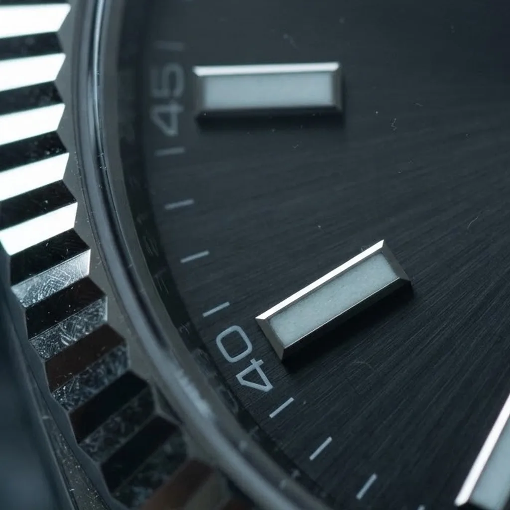 Illustrative render — why the black dial of the Rolex Datejust 41 (steel, white gold fluted bezel, black dial, box and card)